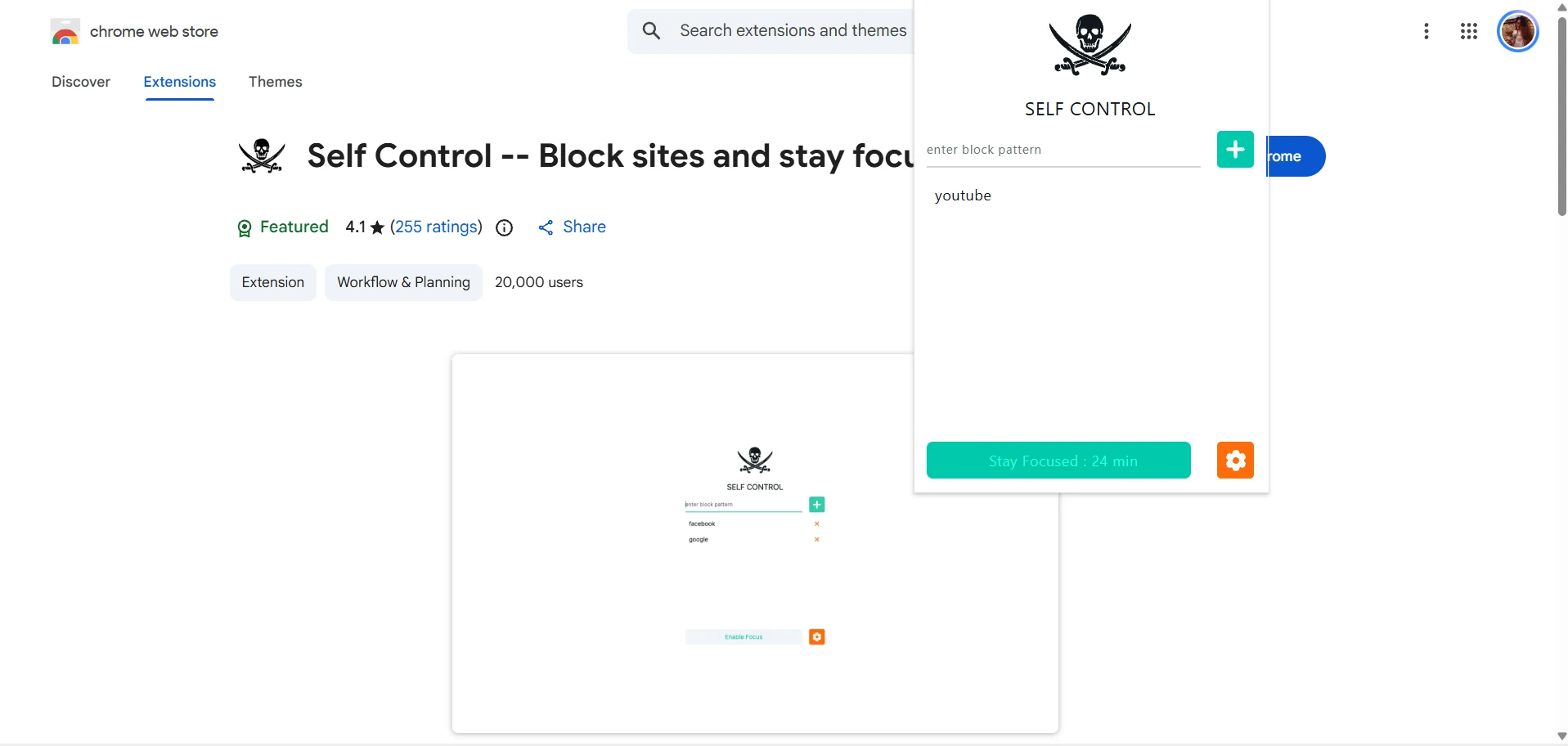 Self Control Chrome extension website blocker