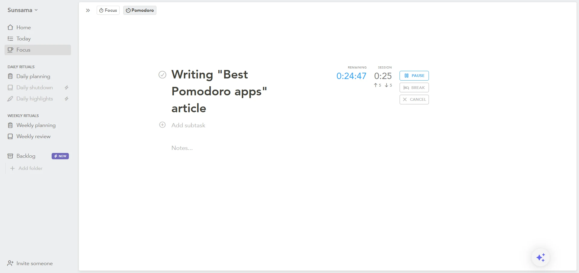 Sunsama task with Pomodoro focus session