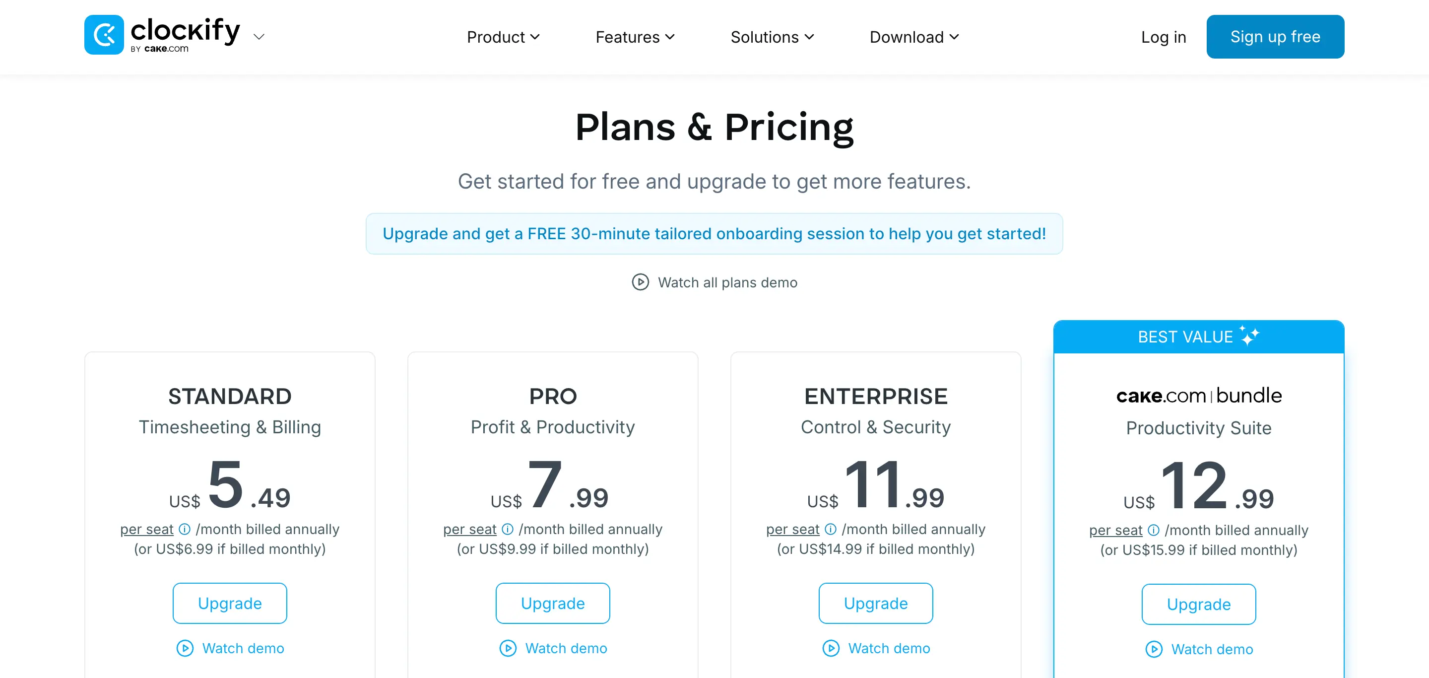 Clockify pricing page