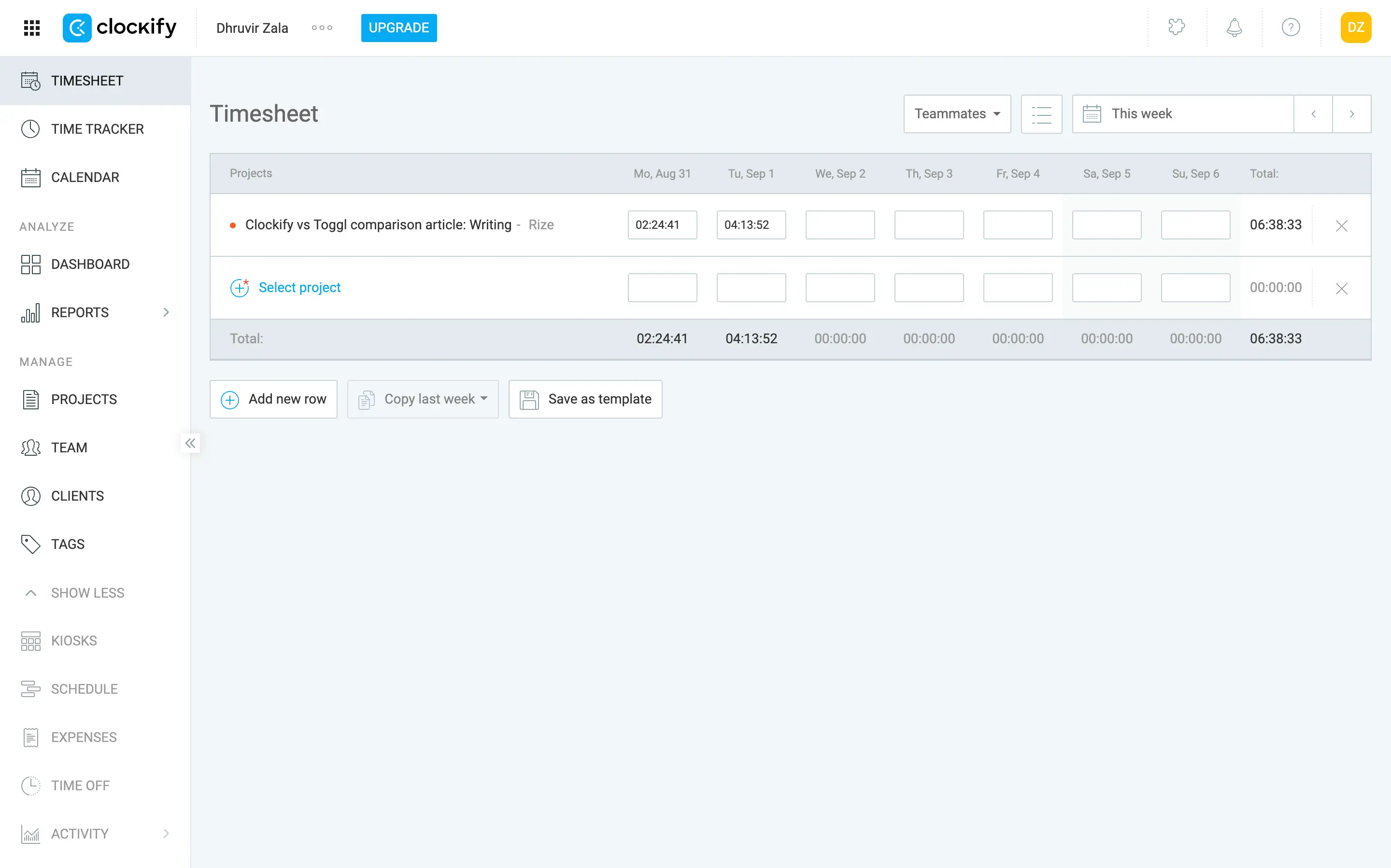 Clockify web app timesheet view