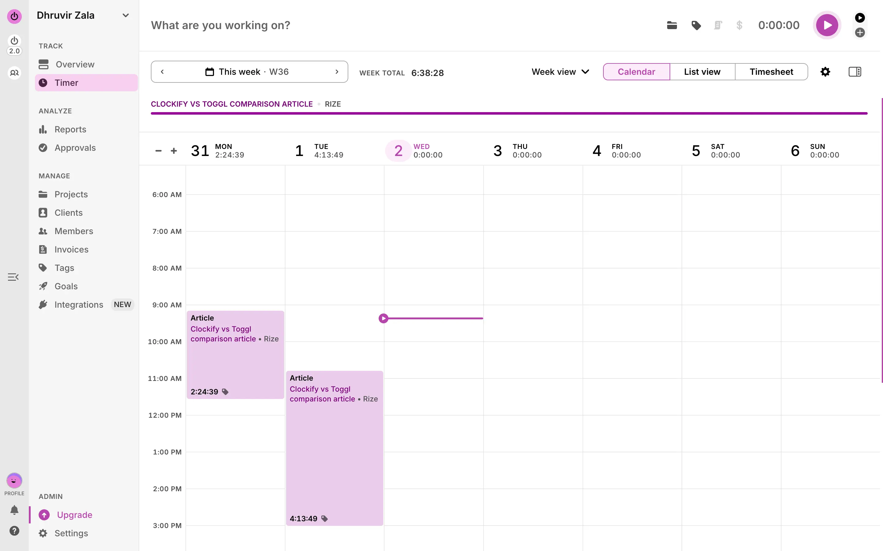 Toggl's calendar view