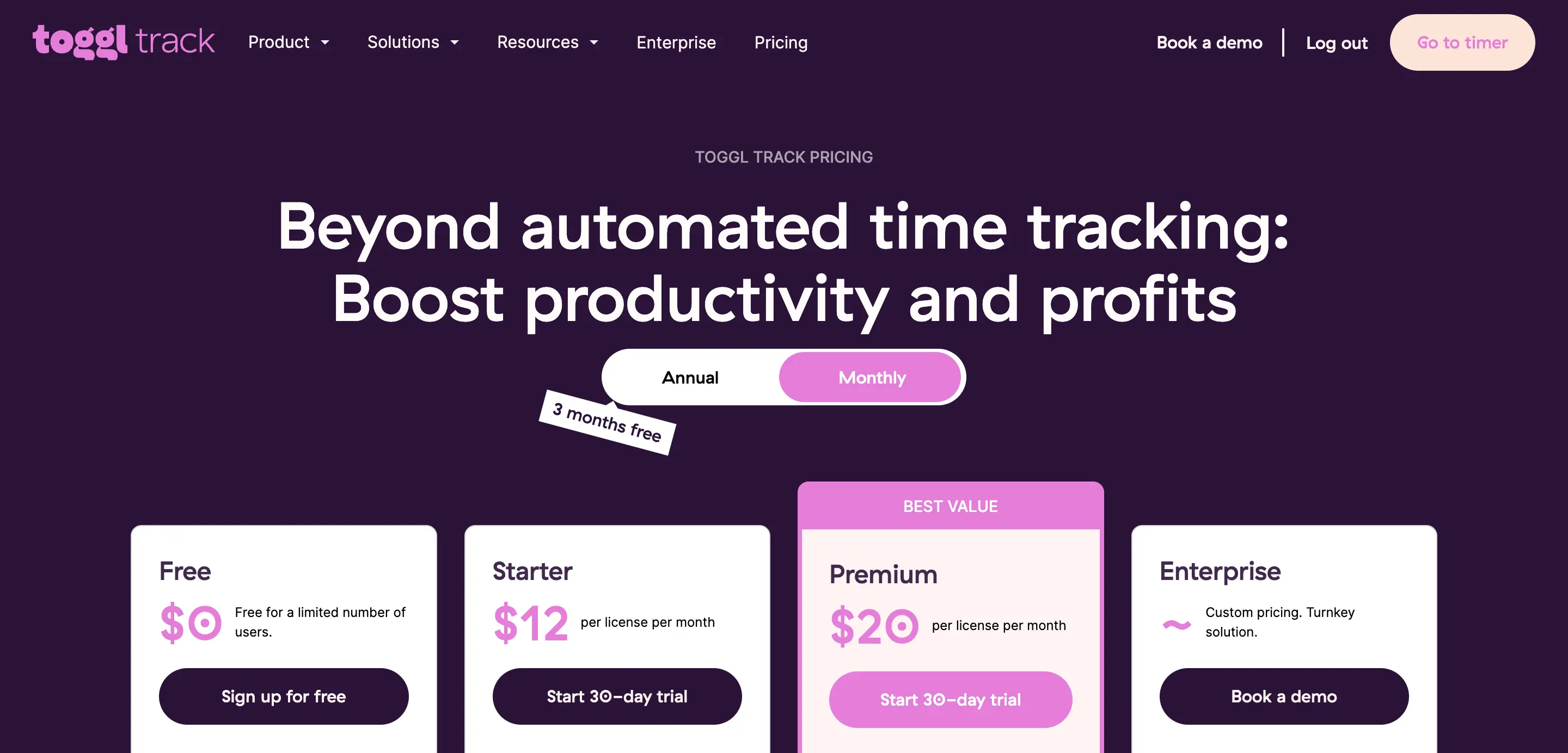 Toggl pricing page