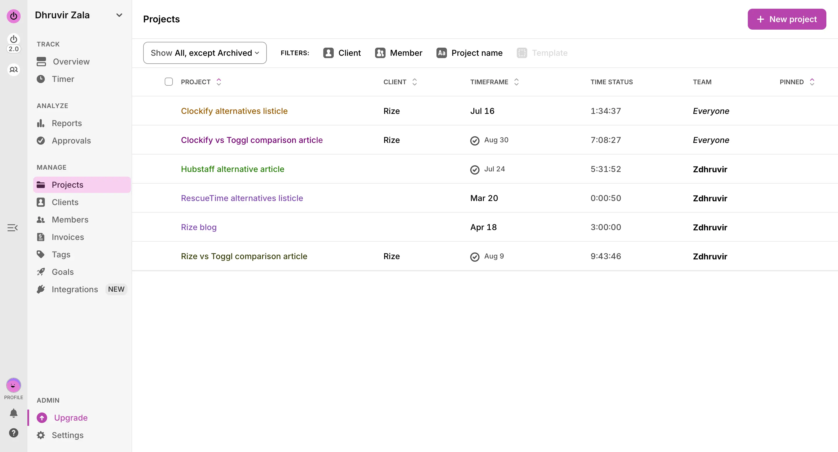 Toggl's project tabs
