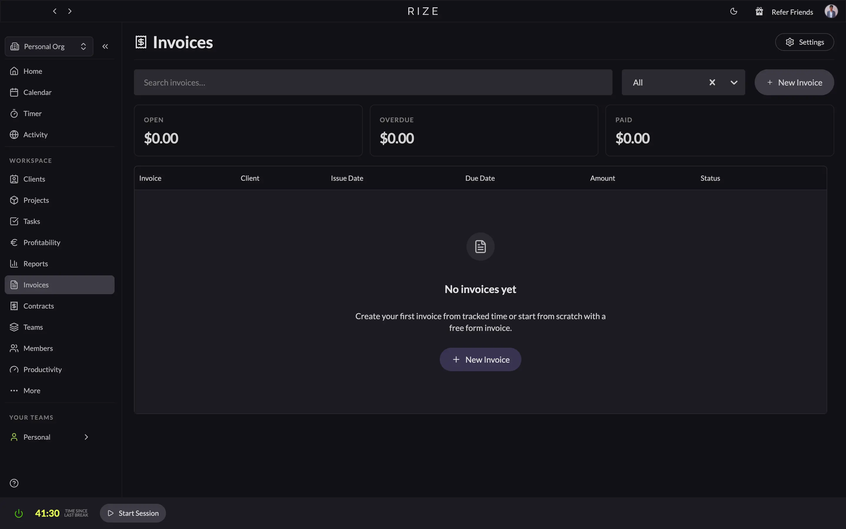 Rize Invoices view showing invoices generated from tracked time
