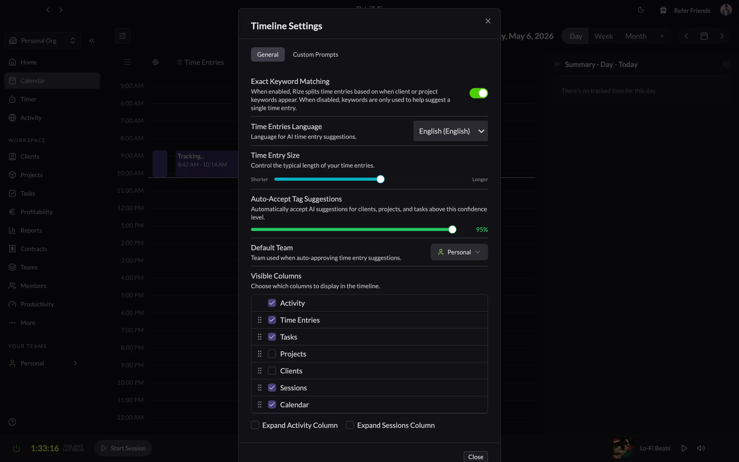 Rize keyword matching settings screen showing automatic client assignment rules