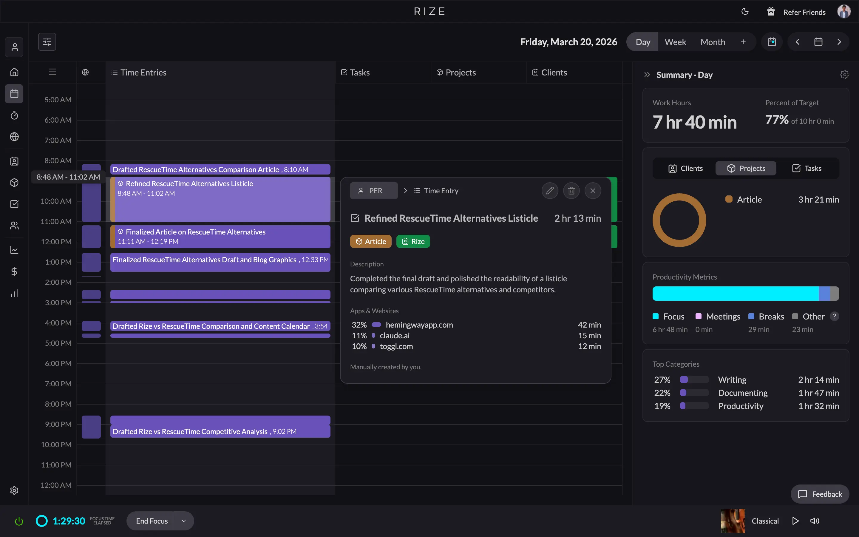 Rize Timeline showing AI-categorized time entries with descriptions