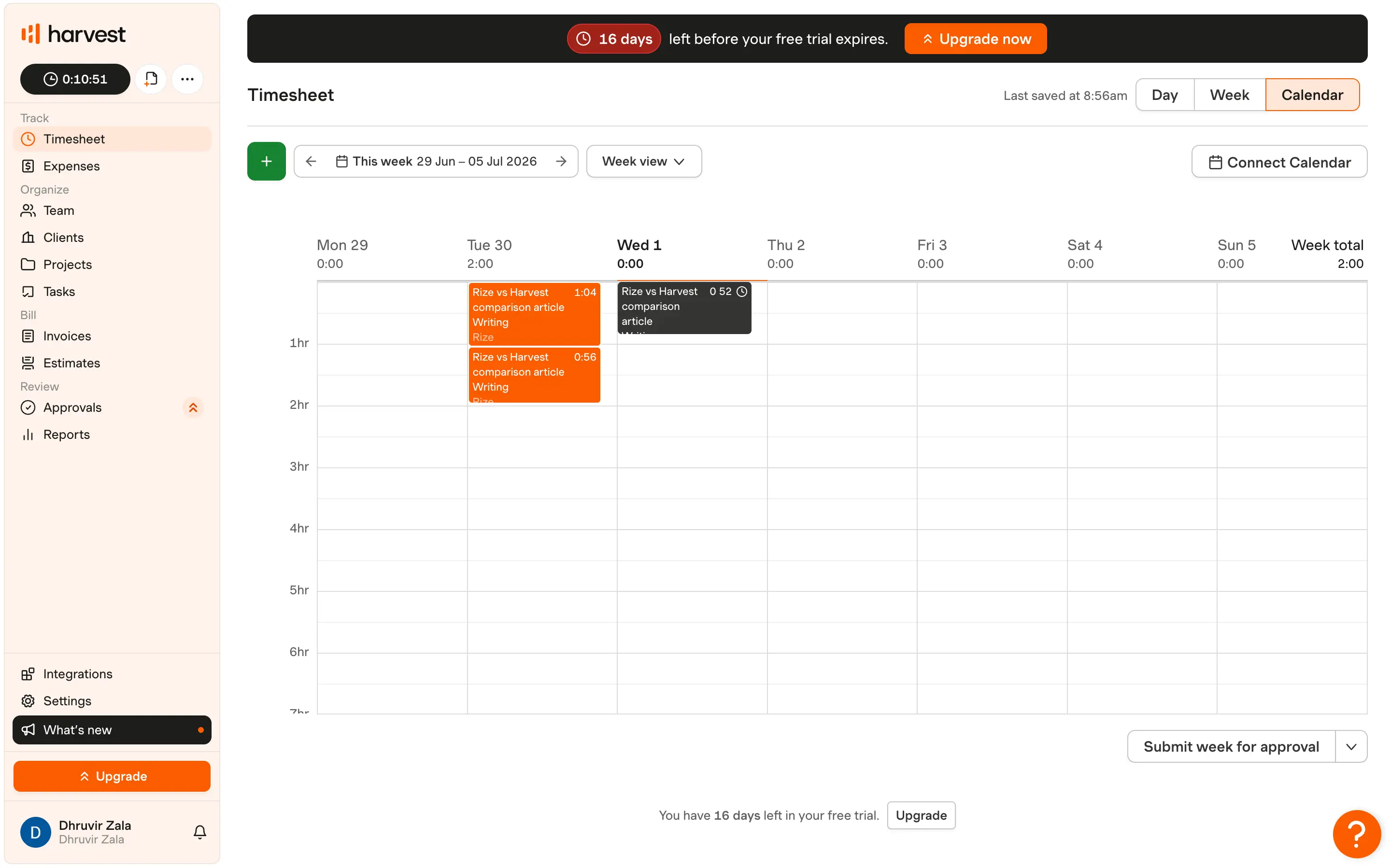 Harvest's calendar view
