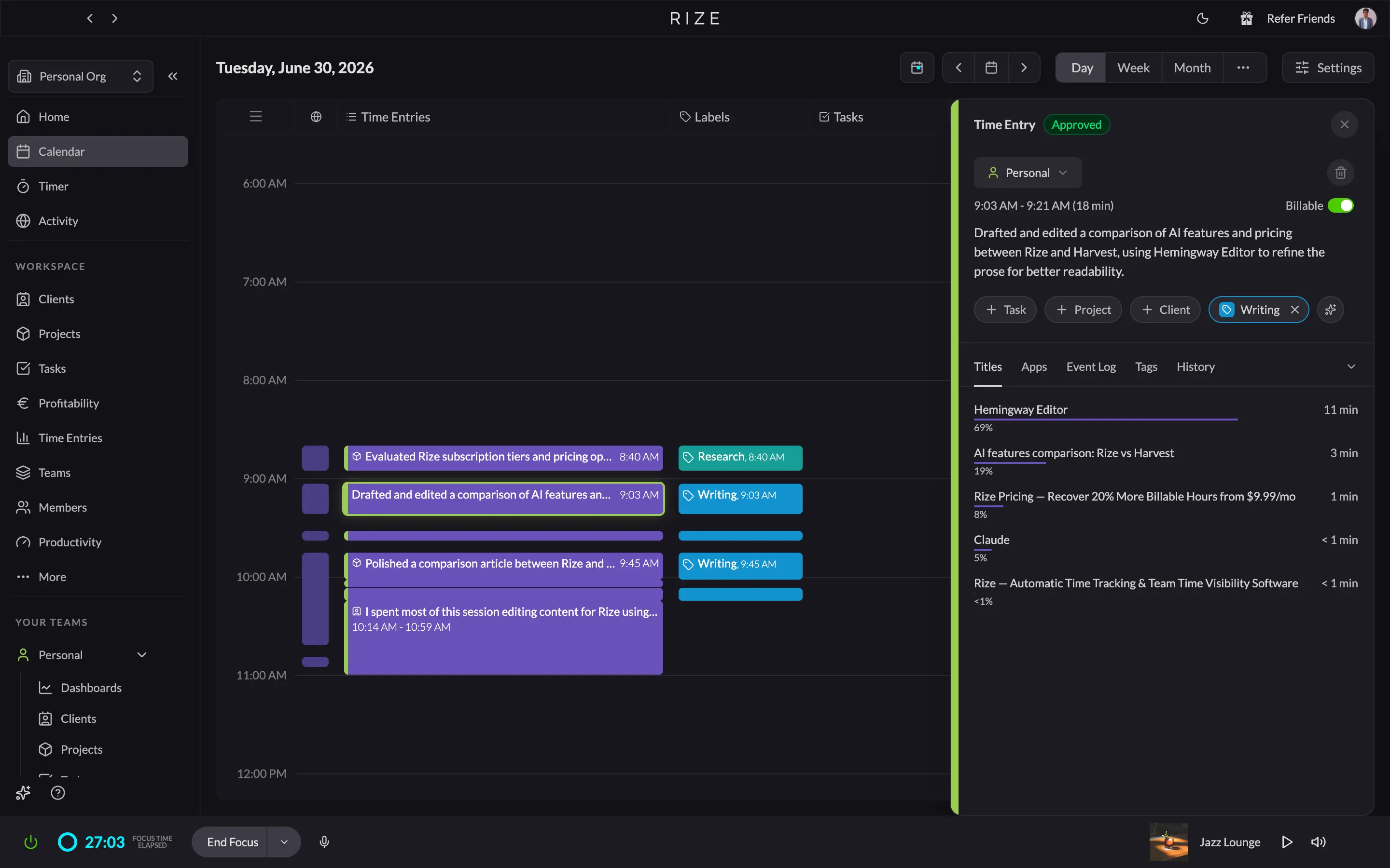Rize's AI time entry suggestion panel