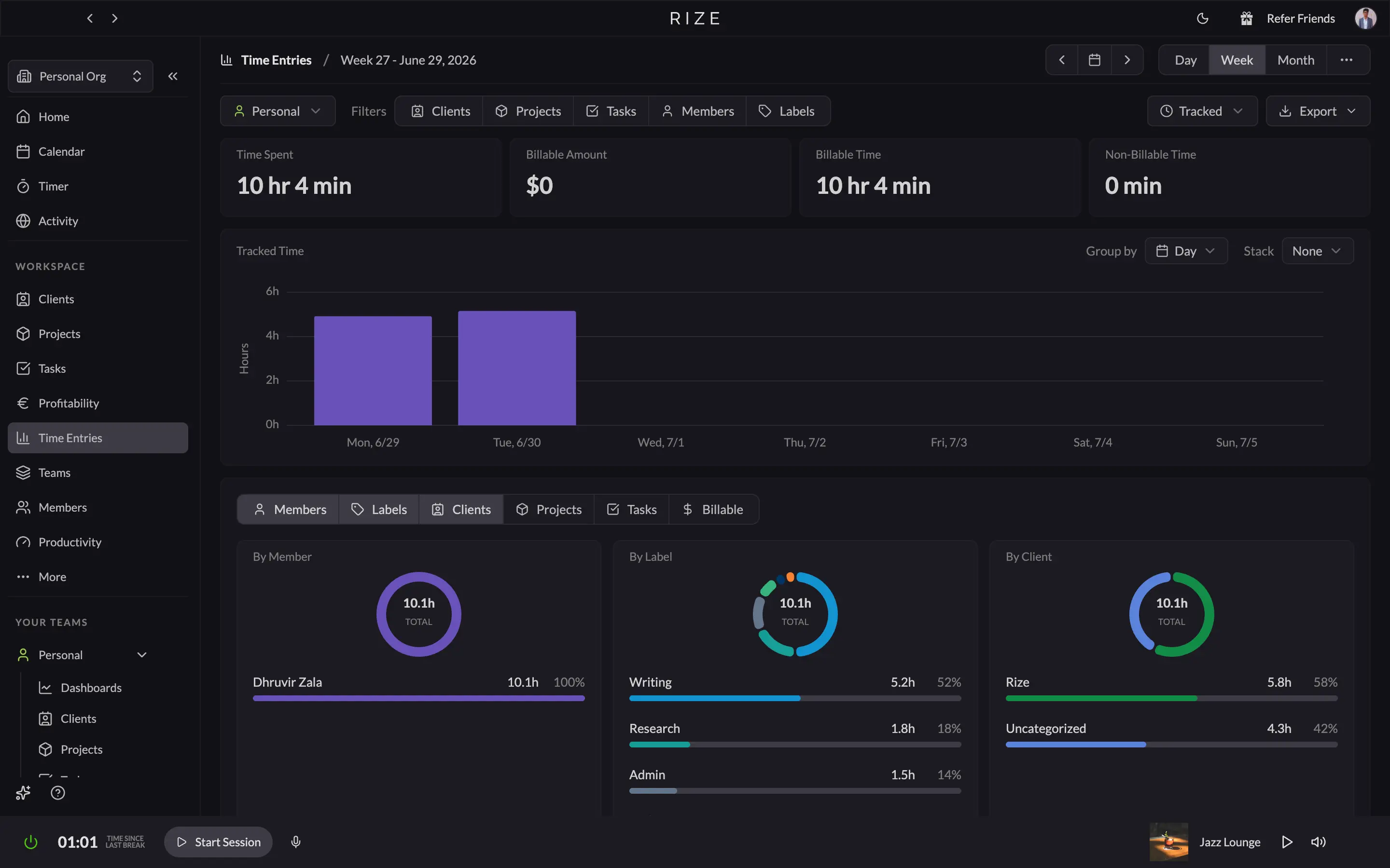 Rize's Time Entries dashboard