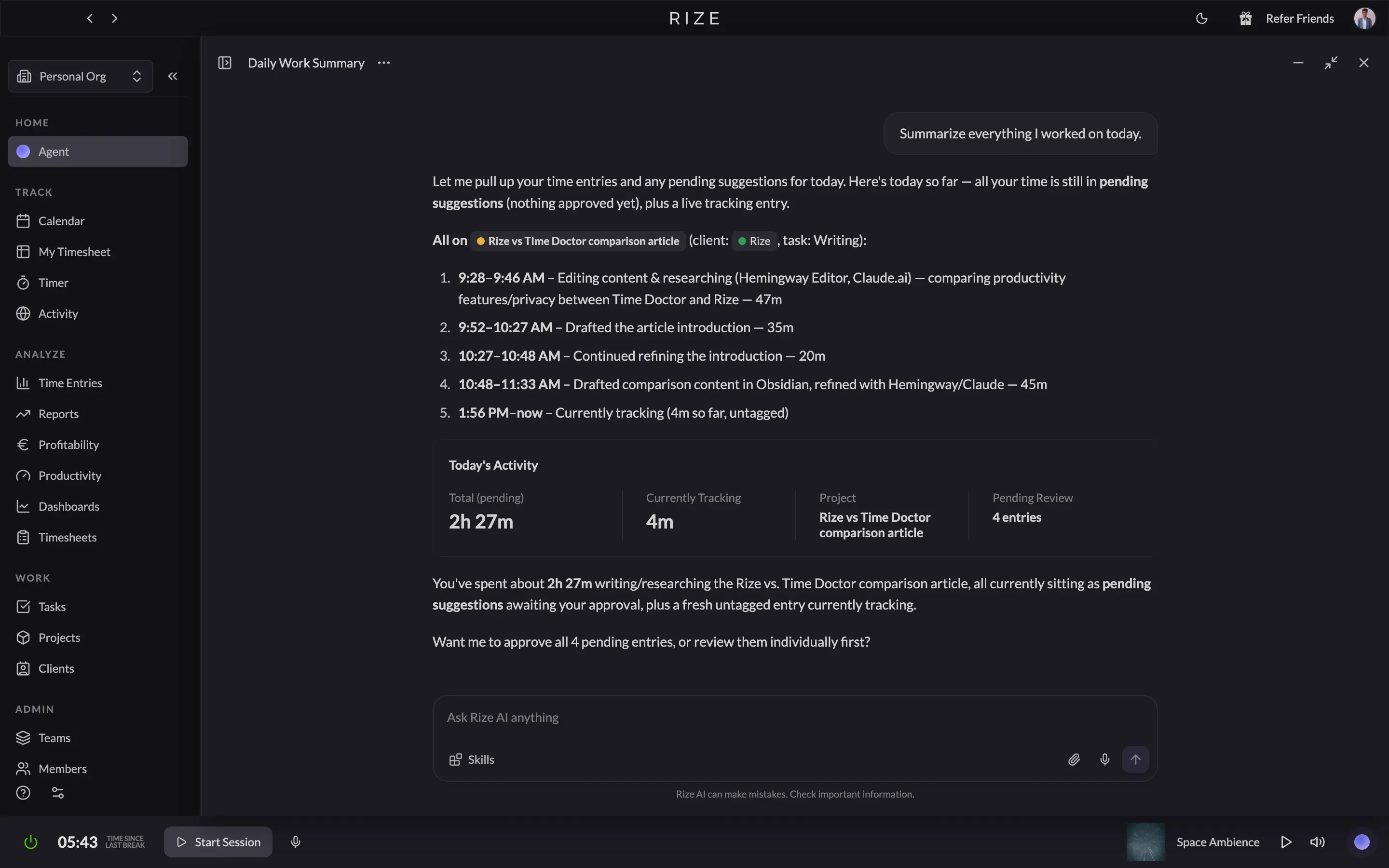 Rize dashboard home screen