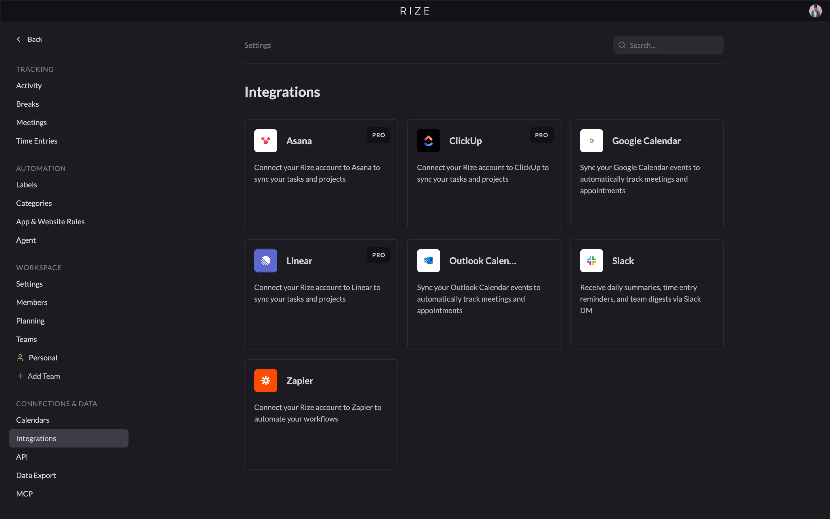 Rize integrations settings screen