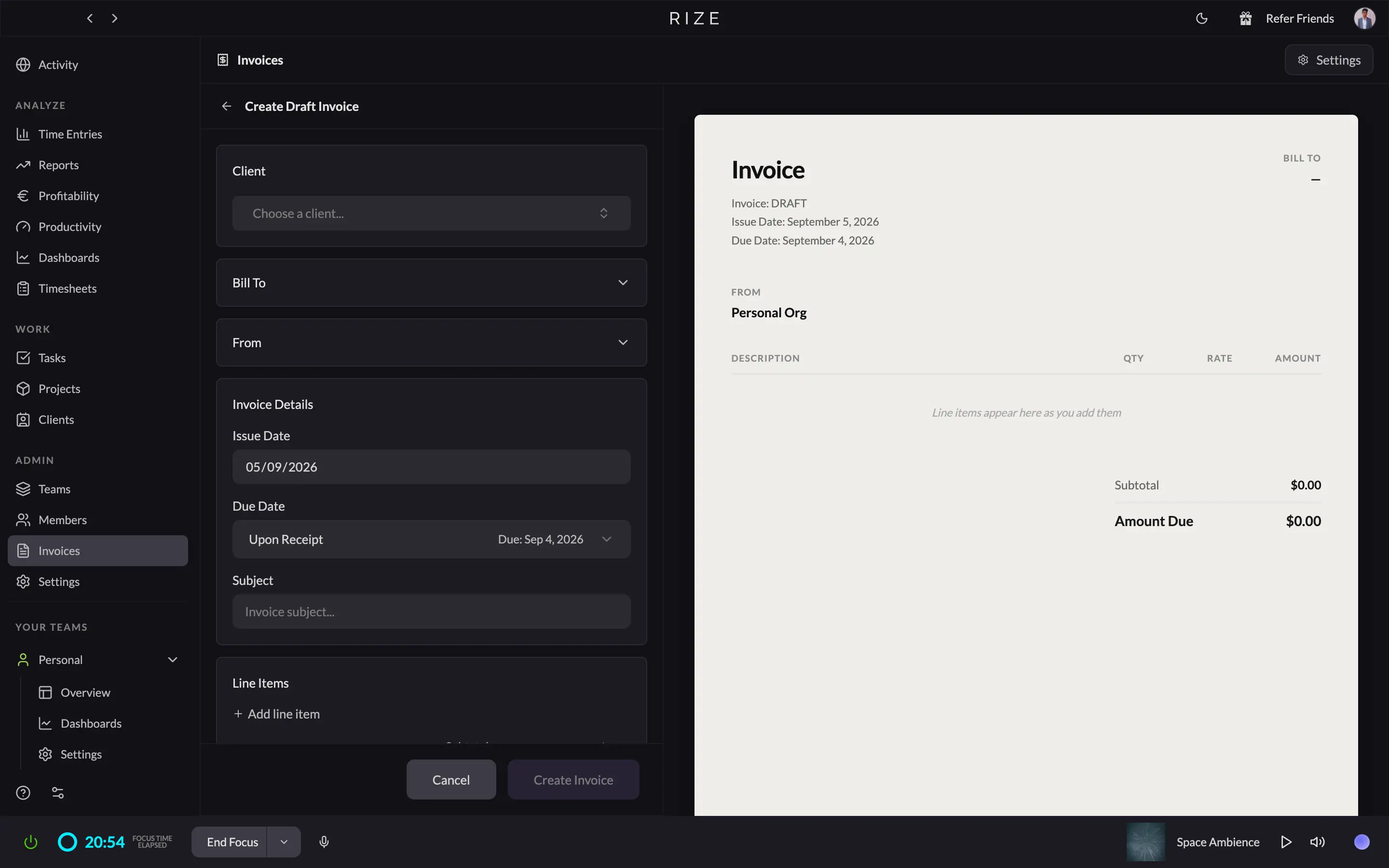 Rize invoice line item preview