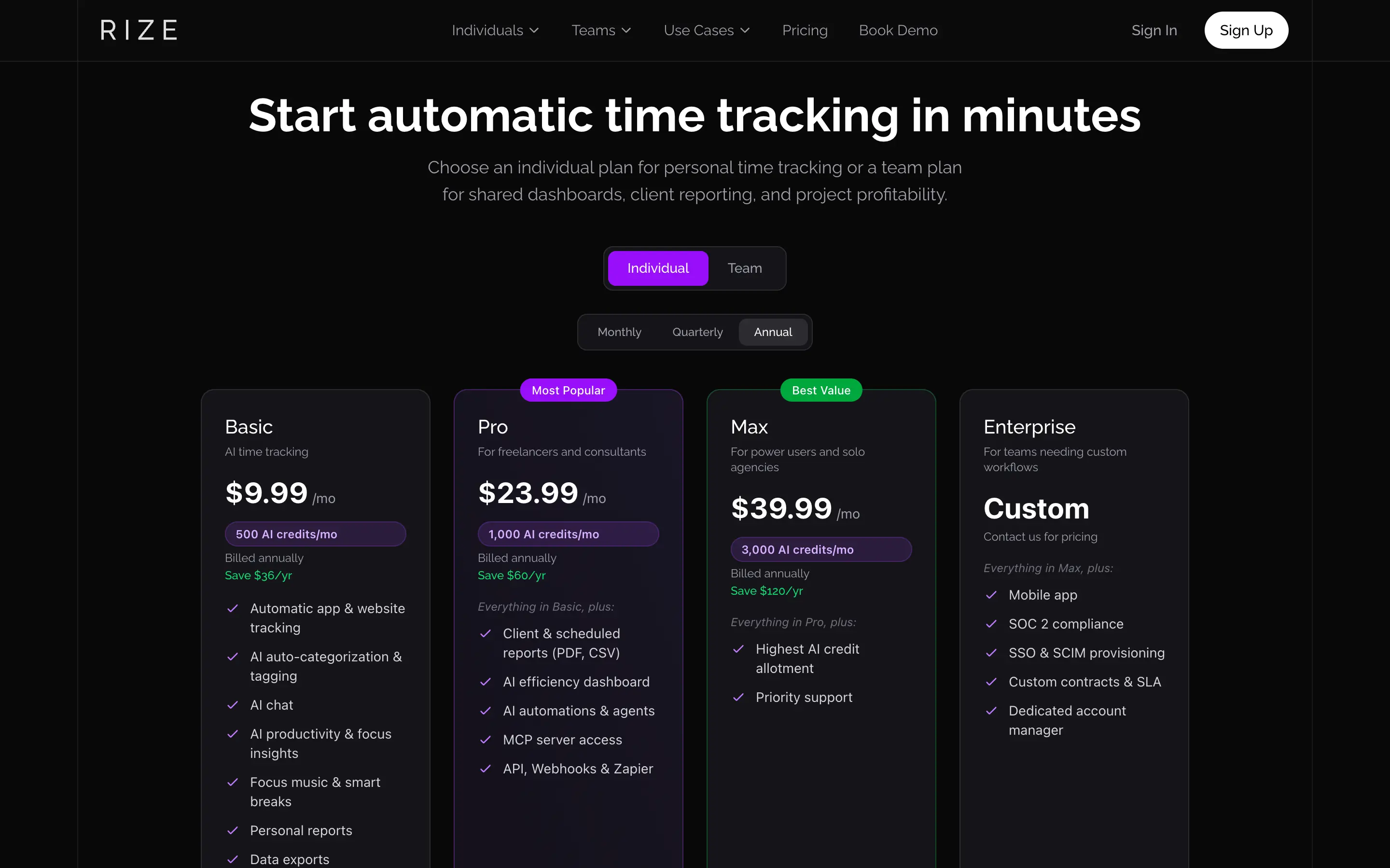 Rize pricing page individual plans