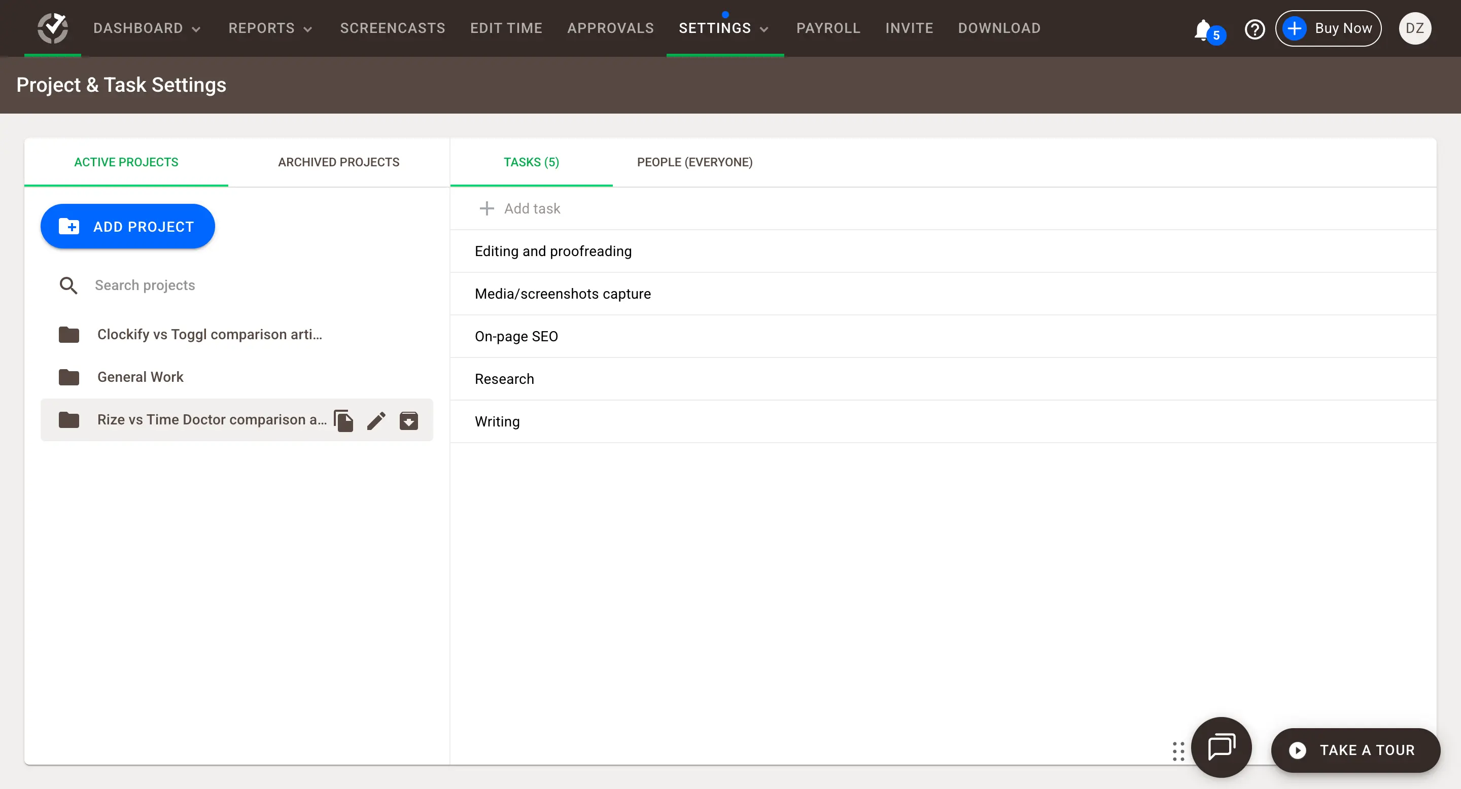 Time Doctor manual project and task selection