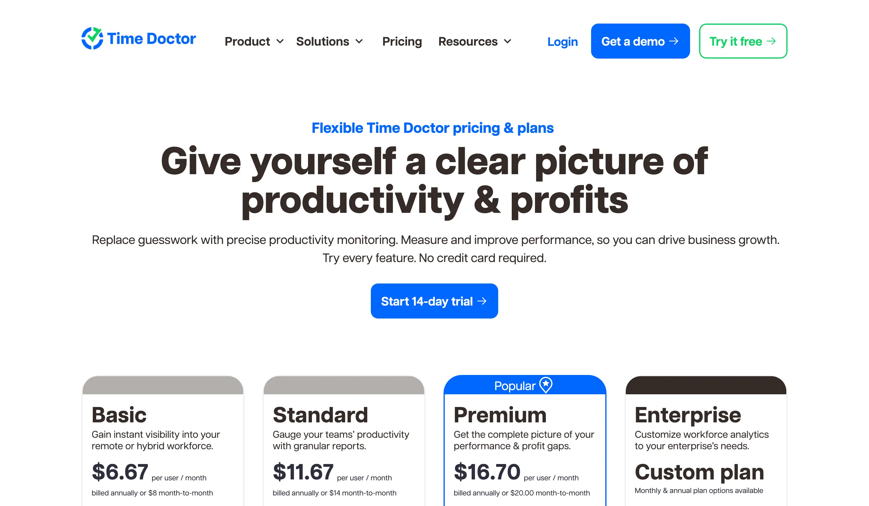 Time Doctor pricing page tiers