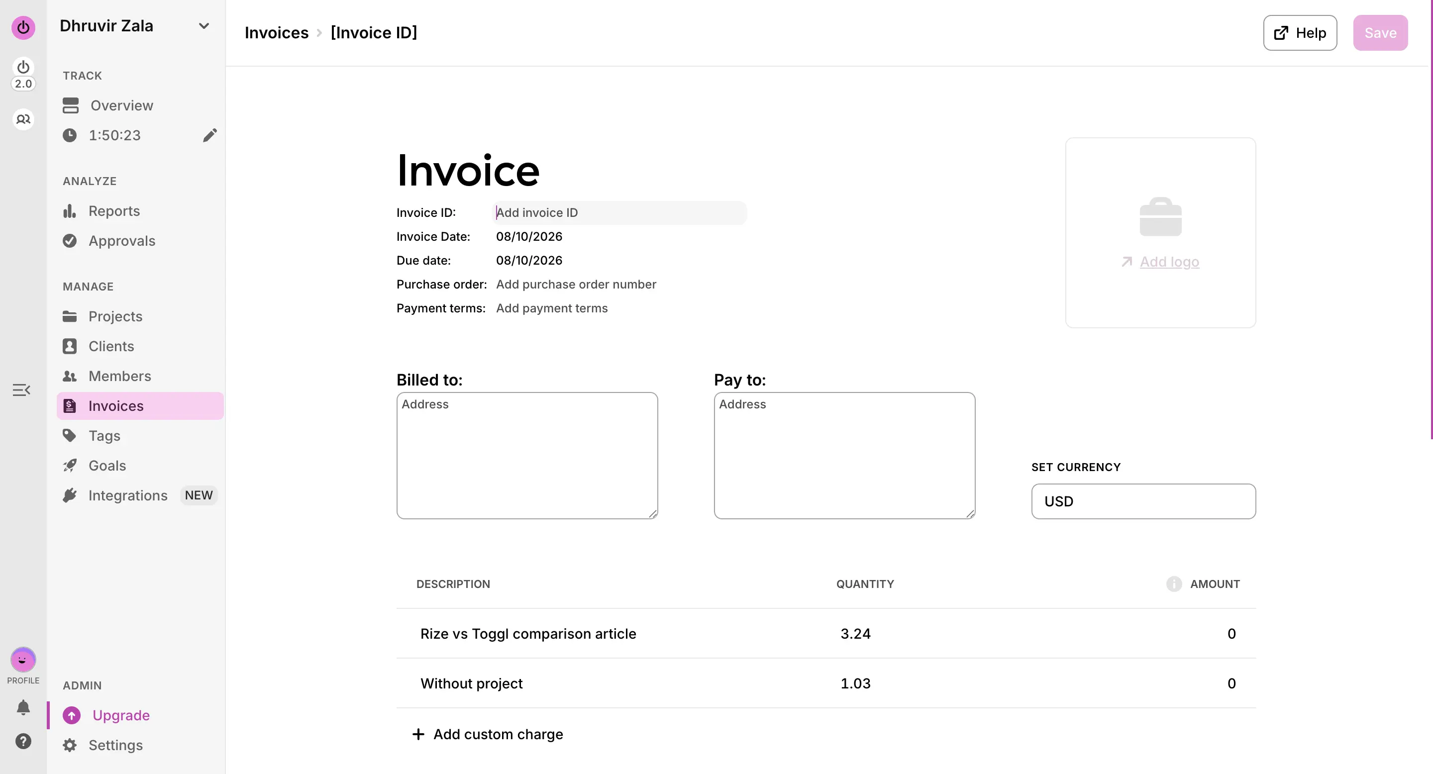 Invoicing in Toggl