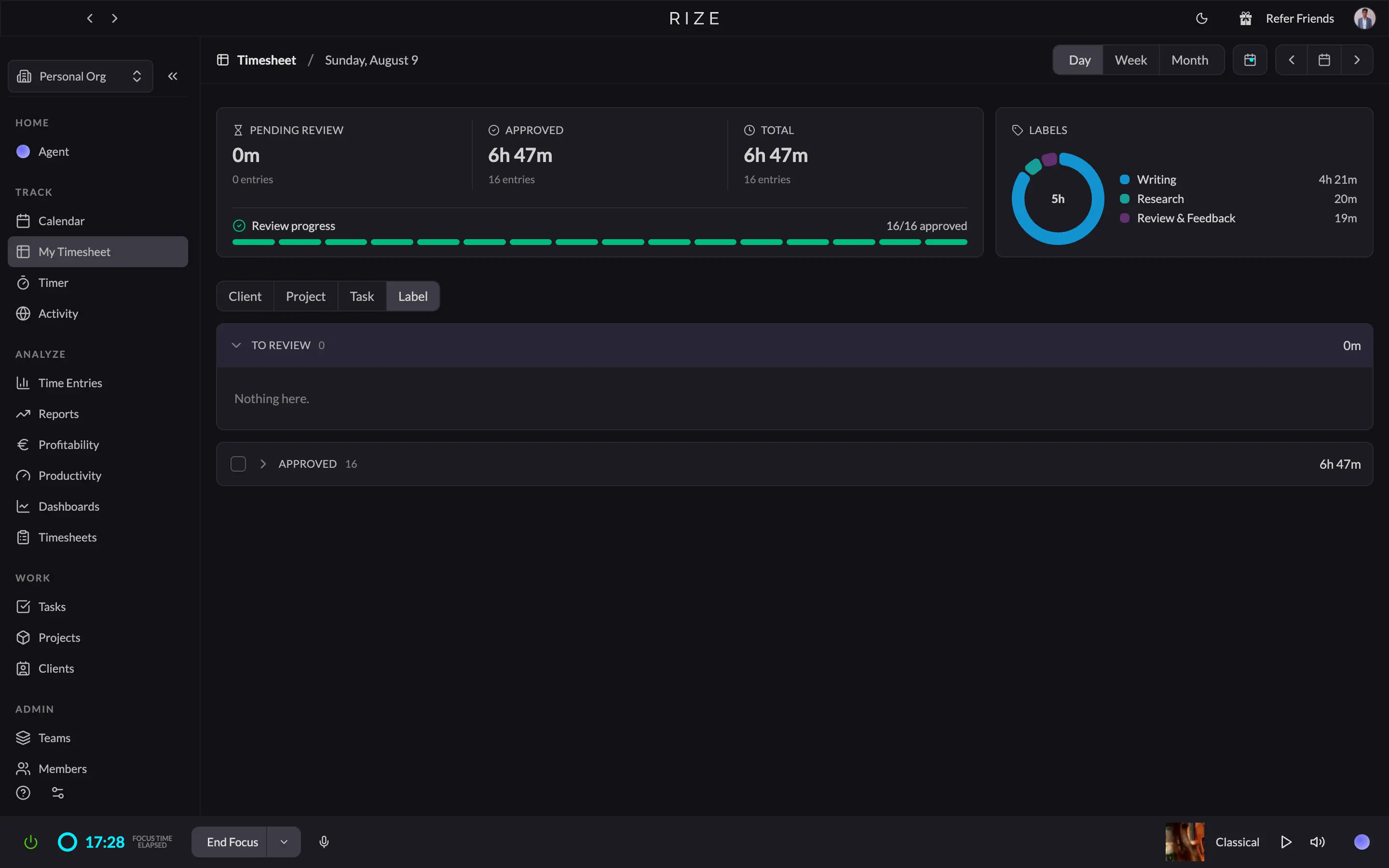 My Timesheet page on Rize