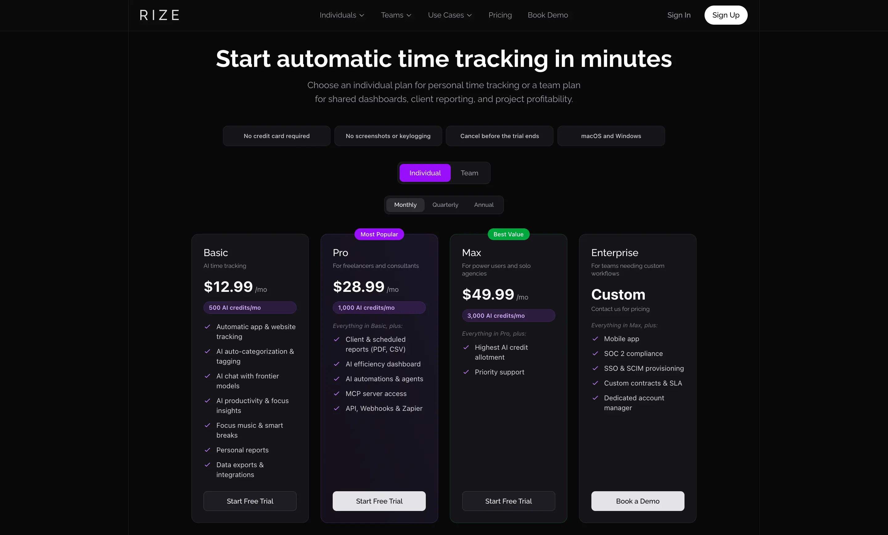 Rize's pricing page