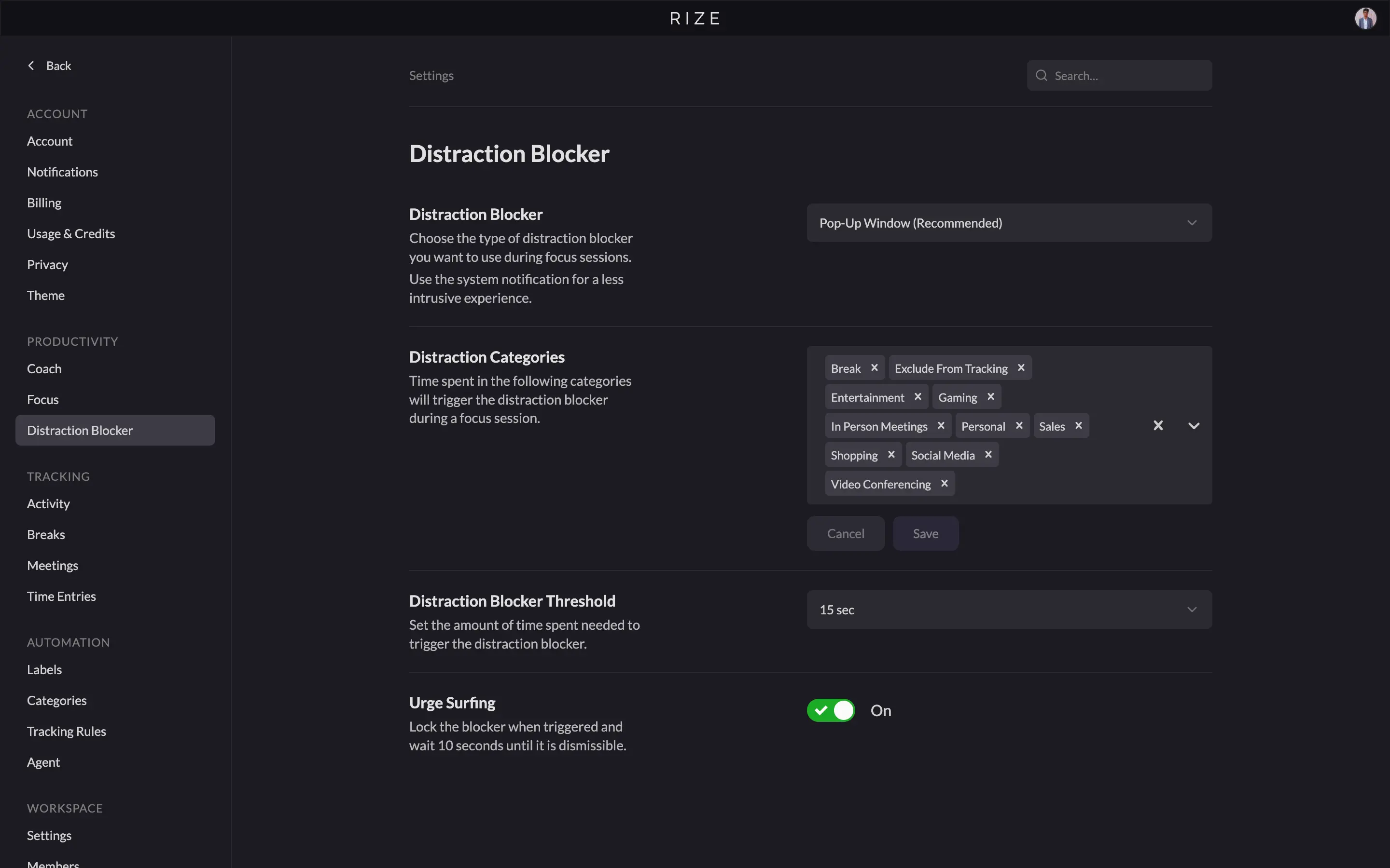 Rize's Distraction Blocker settings