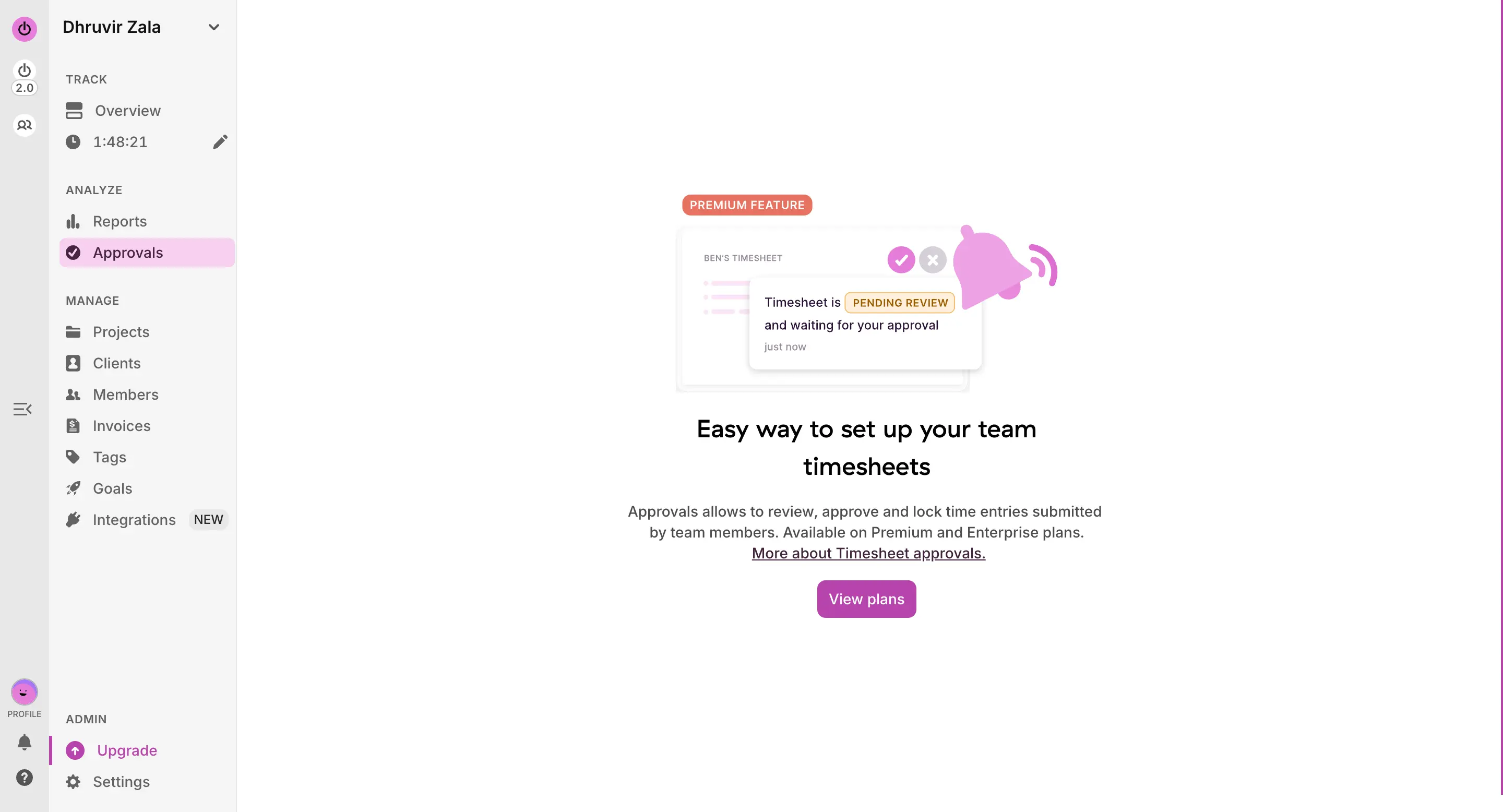 Toggl's locked Approvals screen