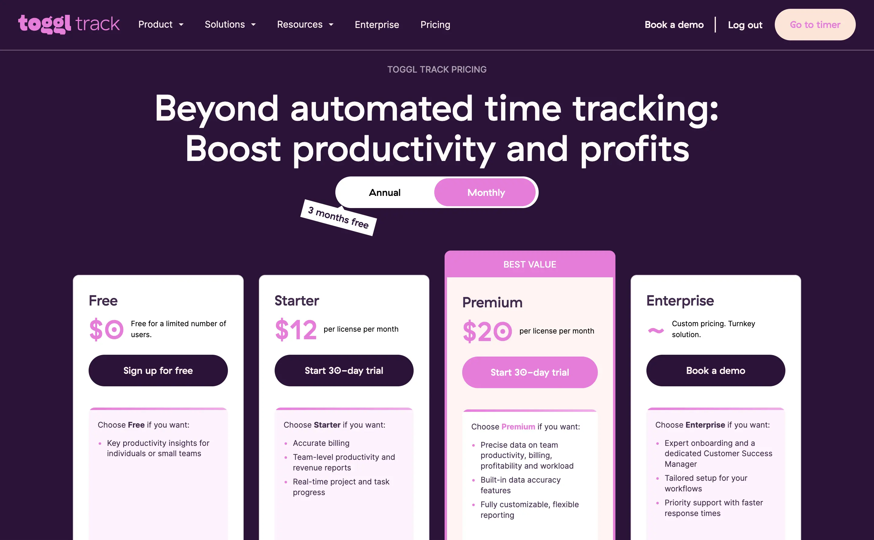 Toggl's pricing page